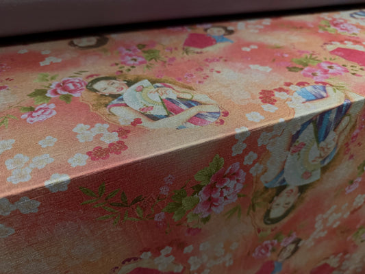 Finely textured spandex stretch Jersey fabric, per metre - East Asia inspired print - grey & pink