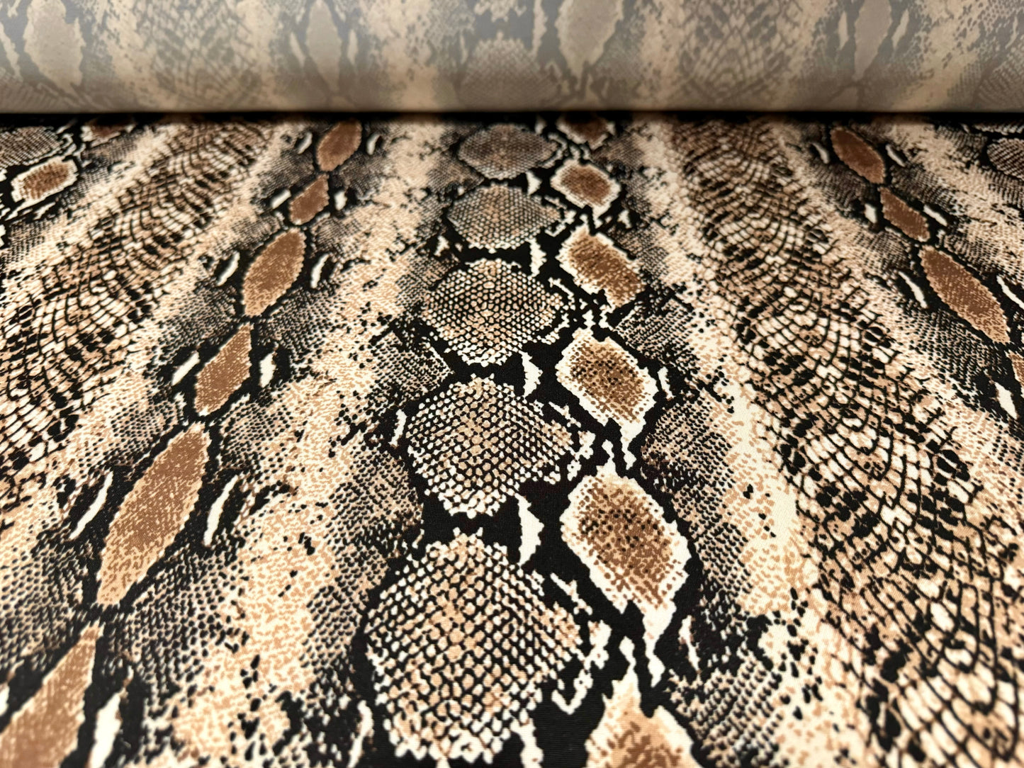 Stretch spandex Jersey fabric, per metre -snakeskin animal print - black & beige