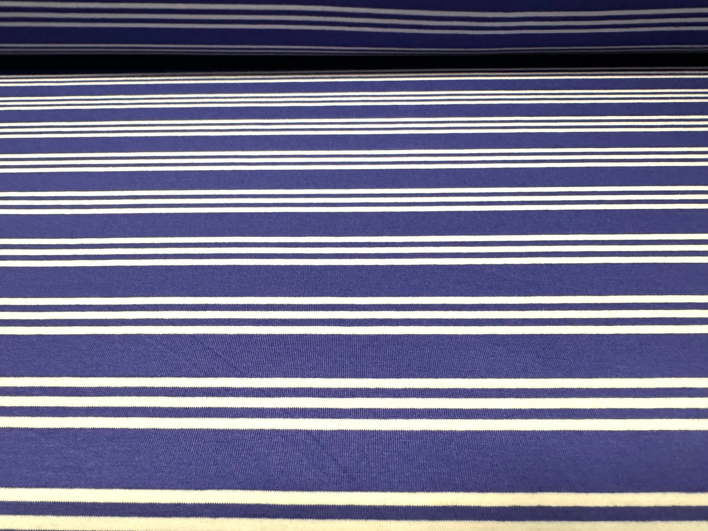 Viscose spandex stretch single jersey fabric, per metre - track stripe - violet & white