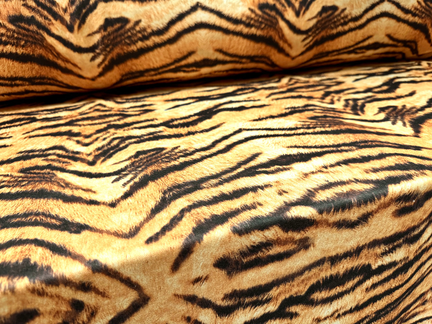 Stretch piqué double jersey fabric, per metre - tiger print - gold