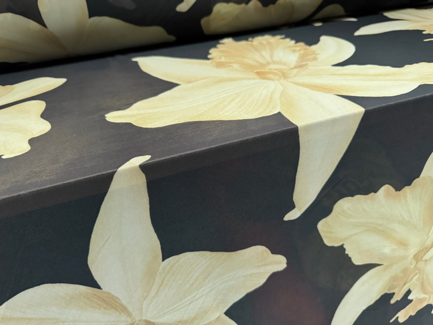 Power mesh net stretch spandex fabric, per metre - jumbo lily floral print - black & sage