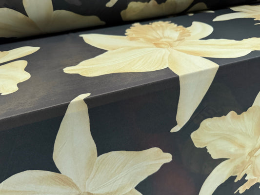 Power mesh net stretch spandex fabric, per metre - jumbo lily floral print - black & sage