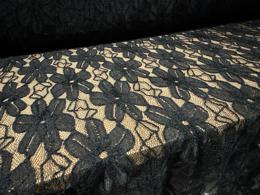 Stretch lace dress fabric, per metre - flocked & corded flowers - black