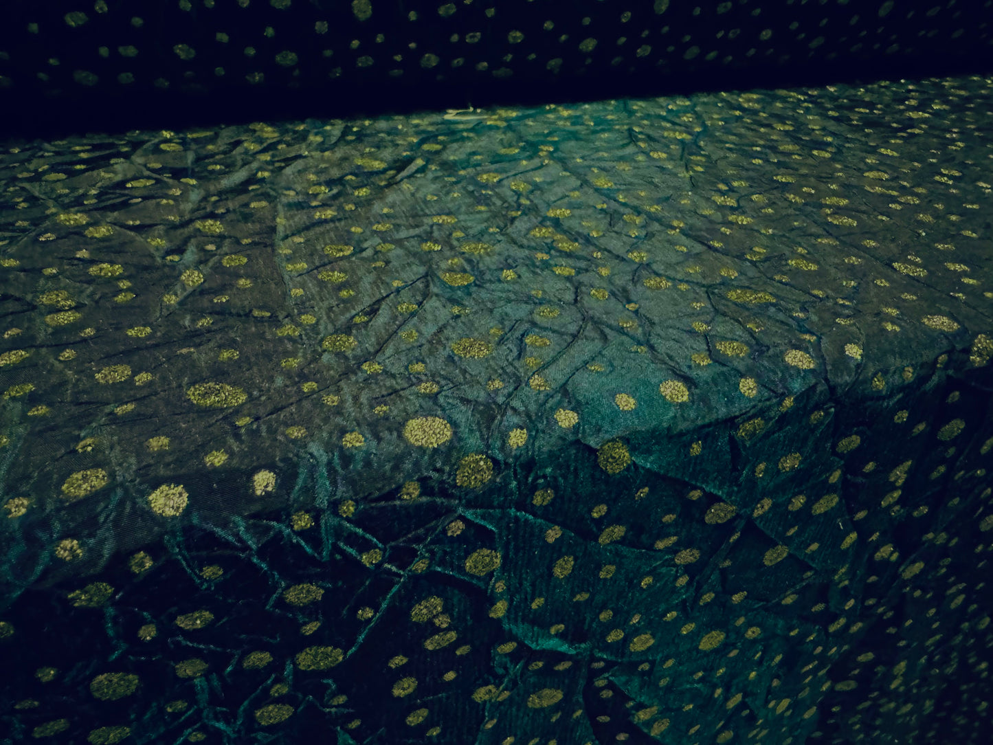 Taffeta faux silk fabric - metallic raindrop print - dark emerald green & gold glitter