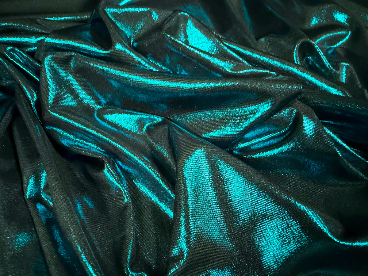 Metallic lamé stretch spandex jersey fabric, per metre - plain - kingfisher on black