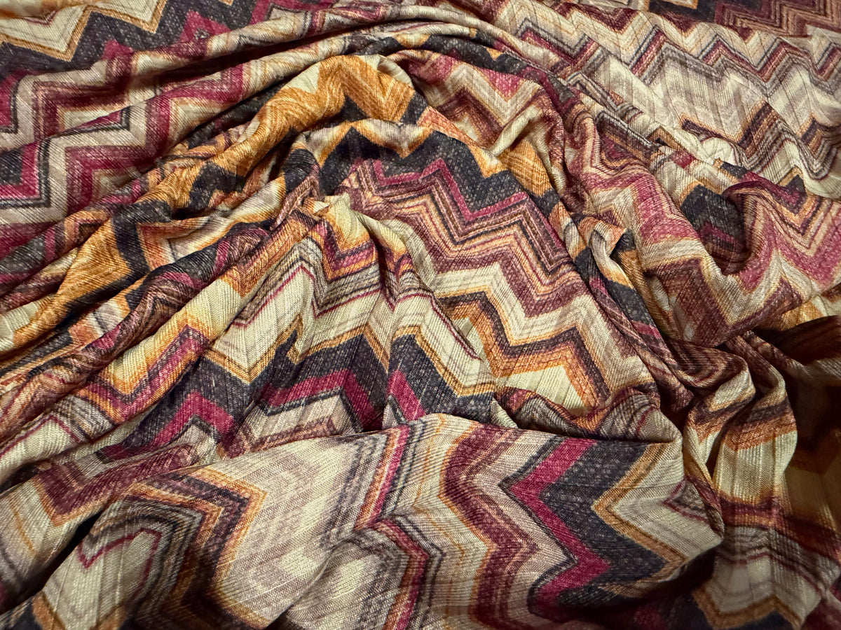 Stretch spandex rib jersey fabric, per metre - zigzag print - stone mustard & magenta