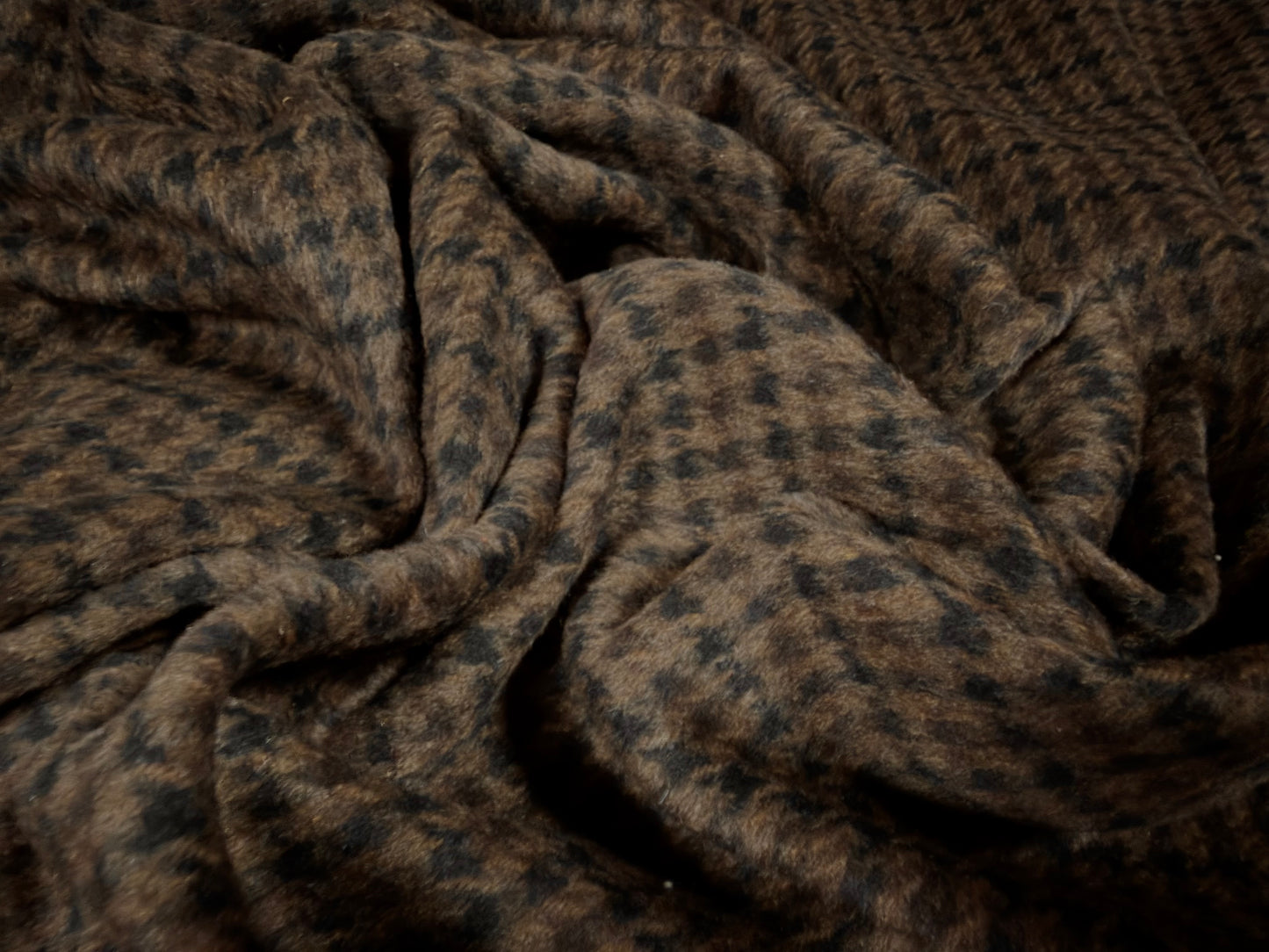 Wool faux fur fabric, per metre - houndstooth - dark brown