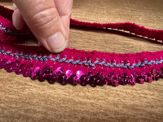 Stretch embroidered edging trim fabric with sequins, per metre - fuchsia