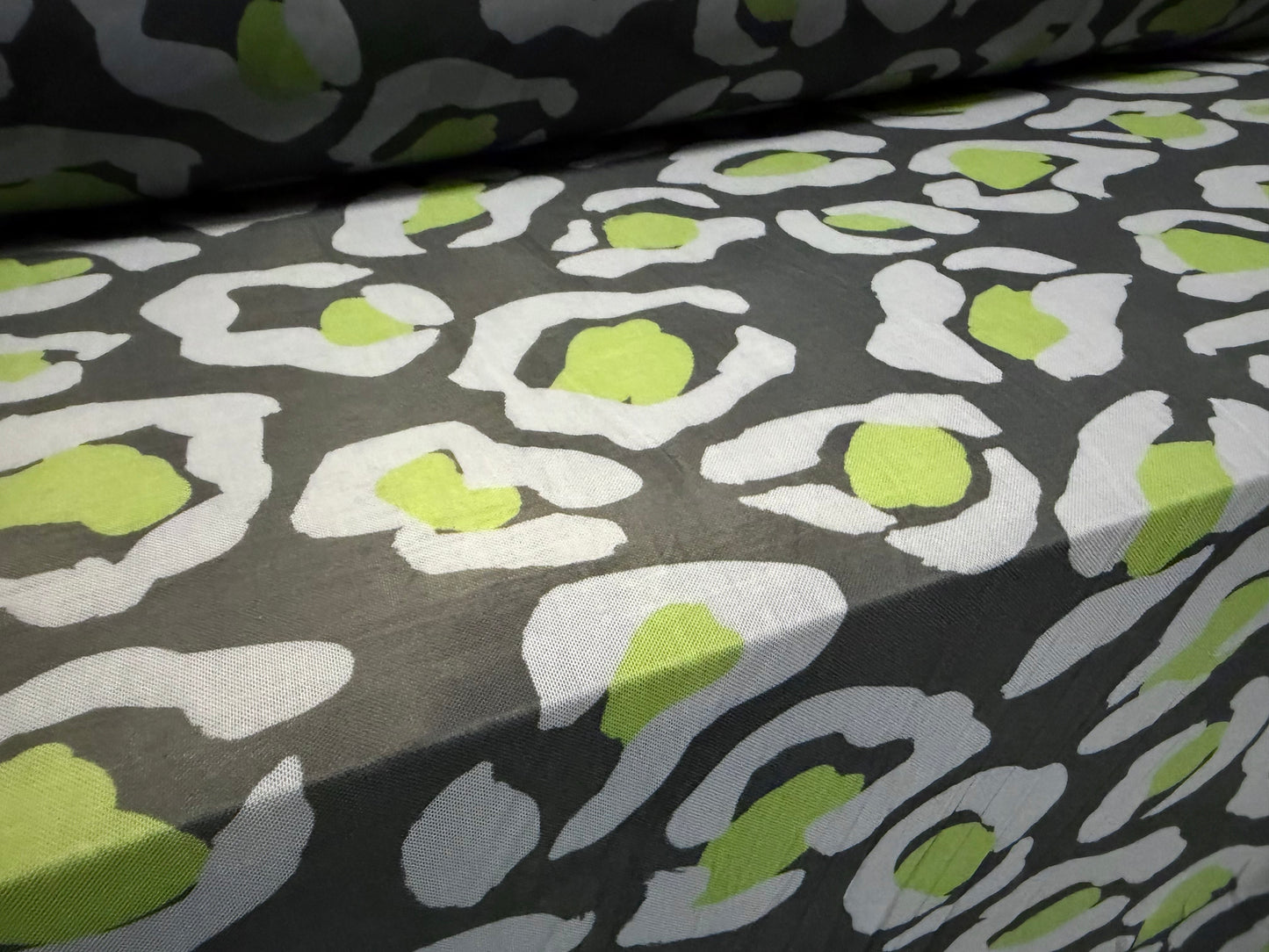 Power mesh net stretch spandex fabric, per metre - animal print - blue-grey & lime