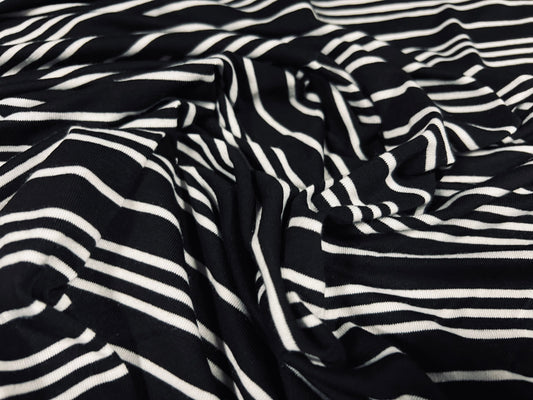 Viscose spandex stretch single jersey fabric, per metre - 3 stripe - black & white