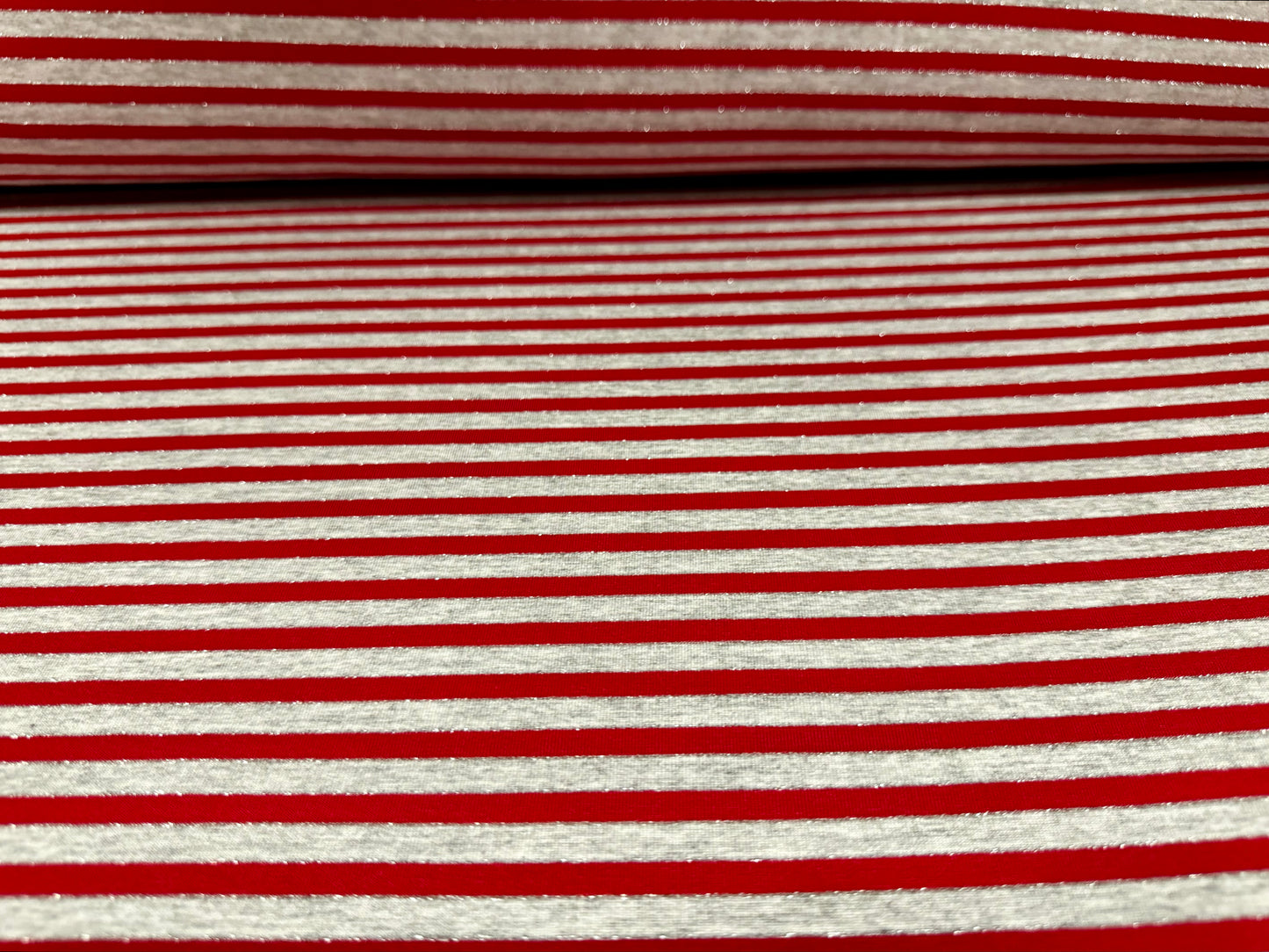 Metallic viscose spandex stretch single jersey fabric, per metre - stripe - grey marl & red with silver lurex