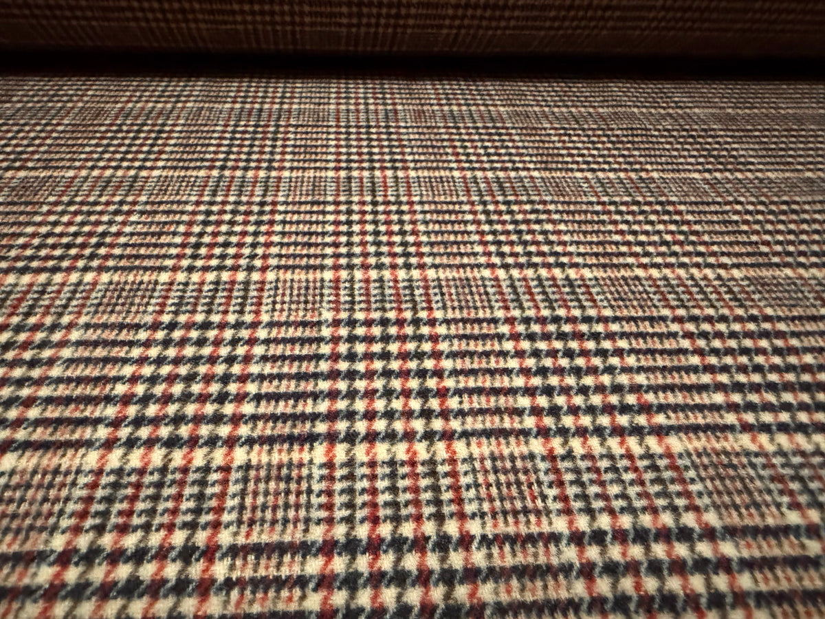 Heavyweight wool flannel coat jacket fabric, per metre - dogtooth check - stone navy & wine