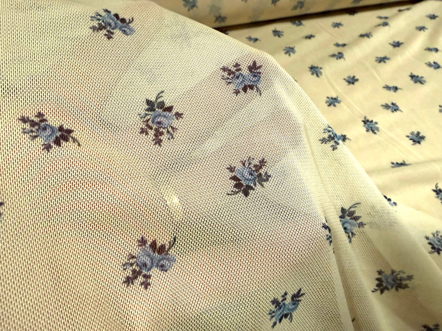Power mesh net stretch spandex fabric, per metre - ditsy bouquet floral print - buttermilk & sky blue