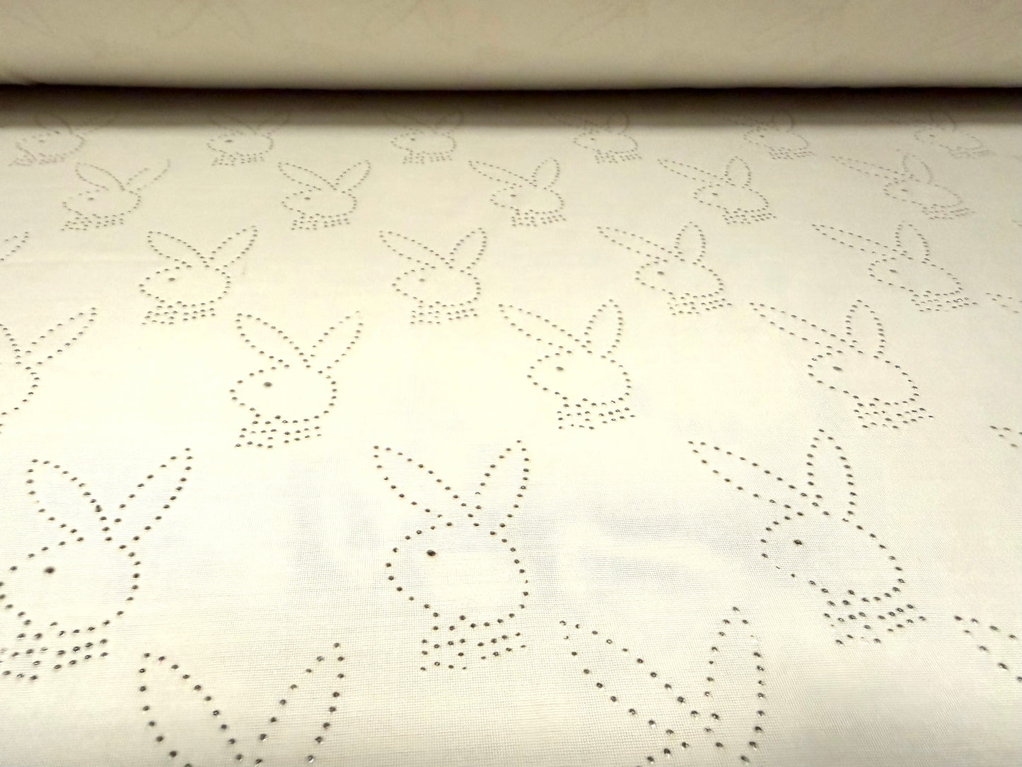 Stretch spandex single jersey fabric, per metre - glitter diamanté bunny rabbit print - cream