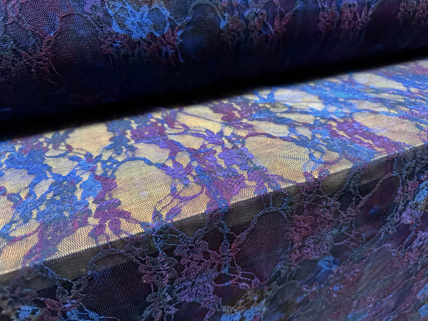 Stretch spandex mesh lace fabric, per metre - flowers on tartan print - blue & purple