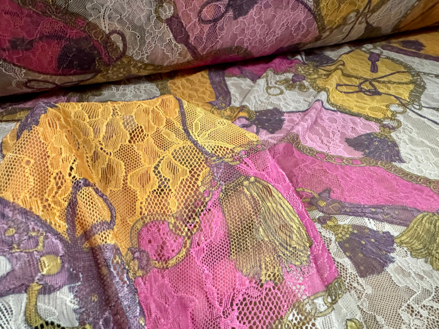 Stretch spandex lace fabric, per metre - tassels & chains print - pink gold and ivory