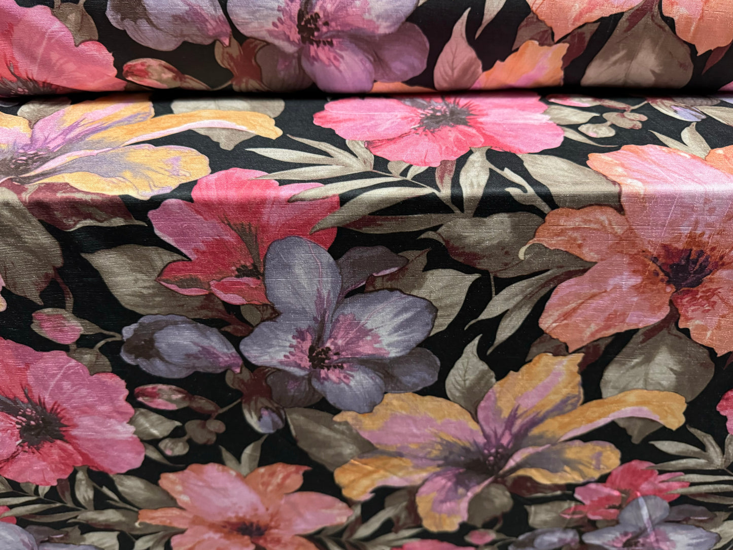 Finely textured stretch spandex single jersey fabric, per metre - orchid flower print - black & pink