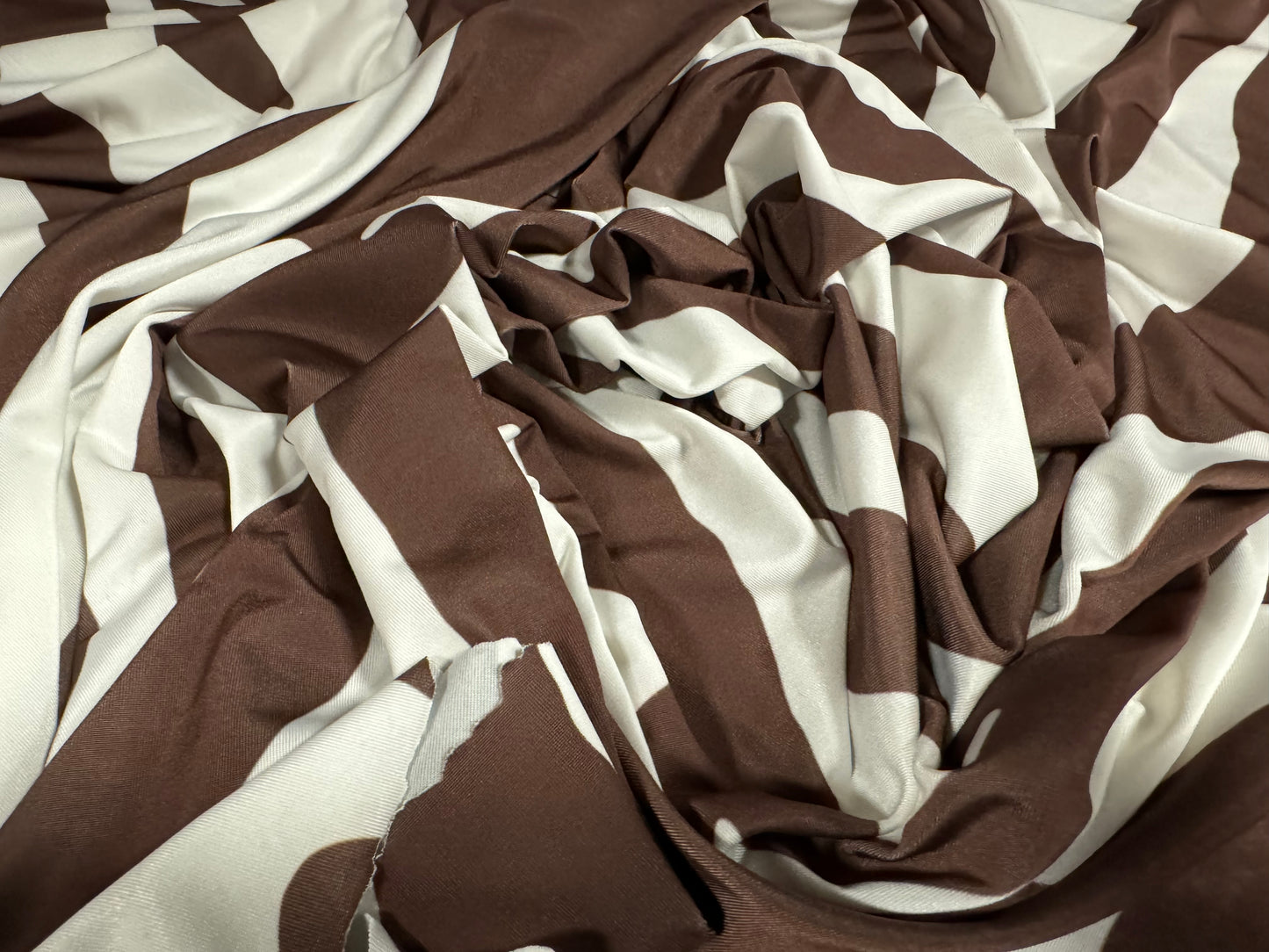 Soft touch stretch spandex single jersey fabric, per metre - jumbo zebra animal print - white & chocolate brown