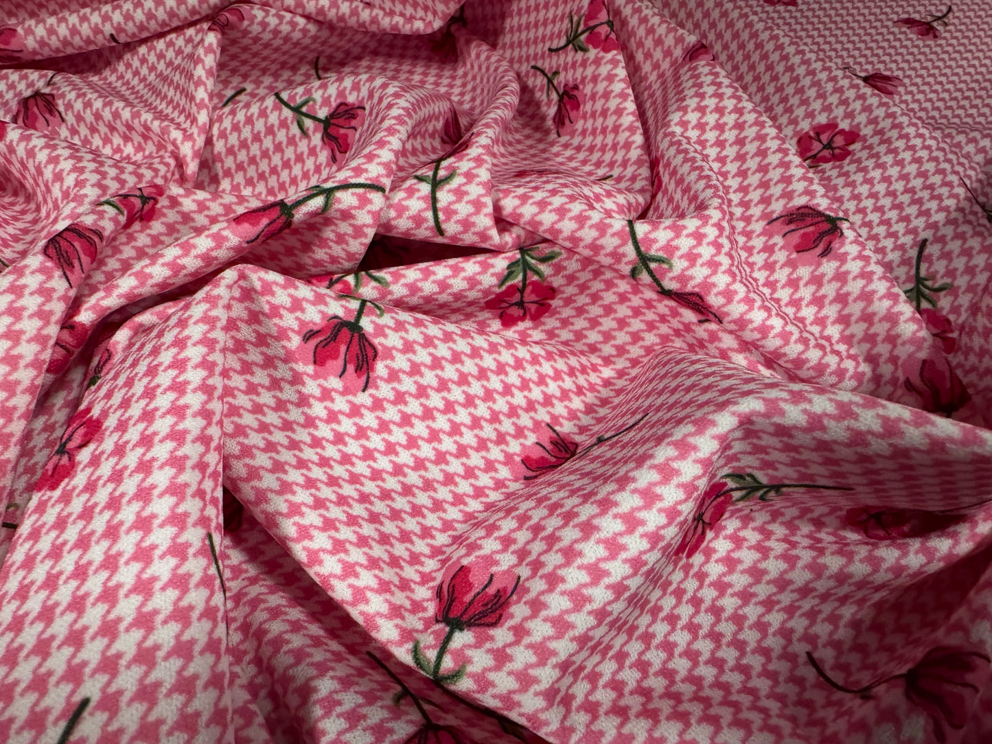 Scuba stretch spandex double jersey dress fabric, per metre - floral puppytooth print - pink