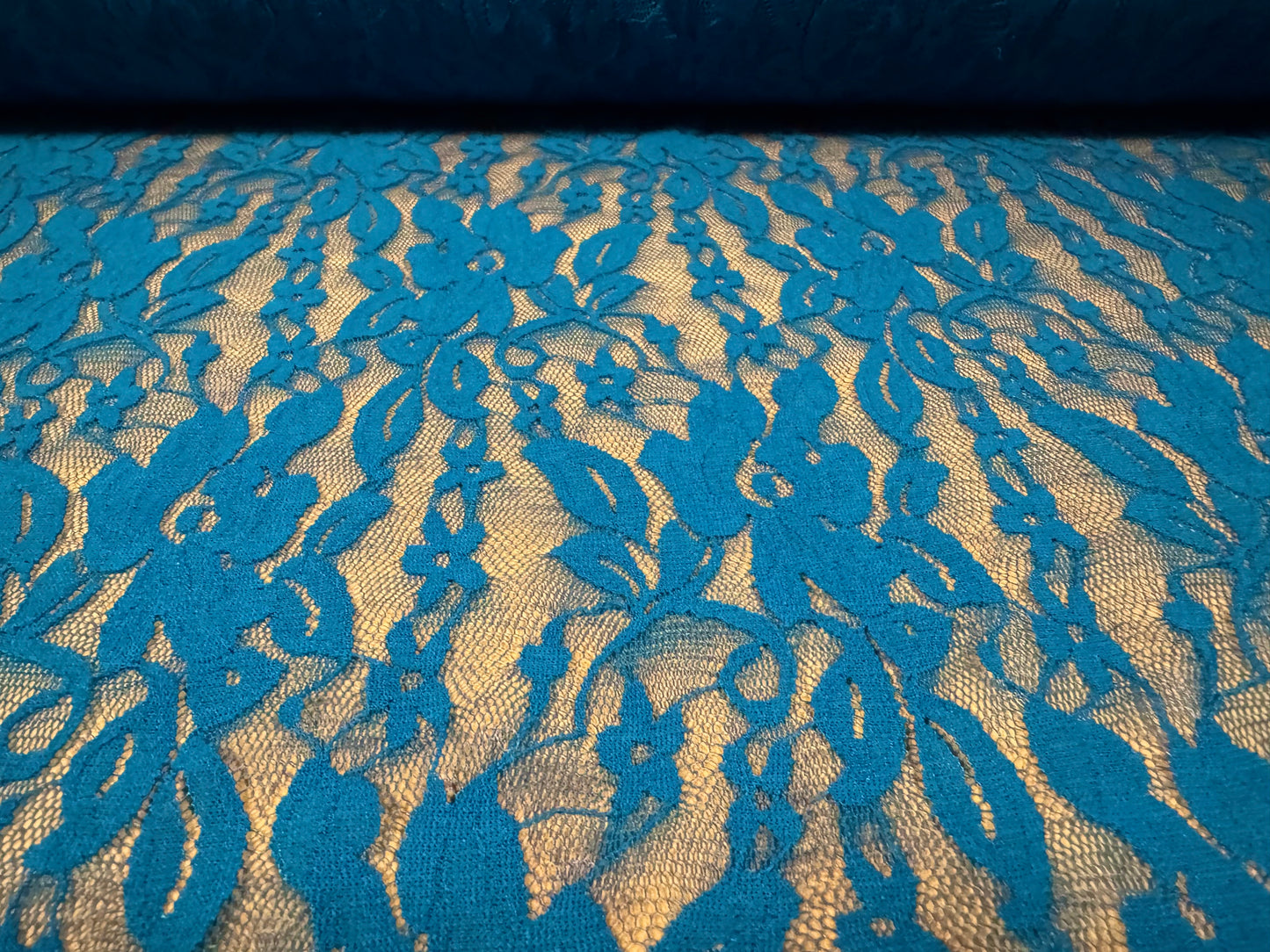 Stretch spandex mesh lace net fabric, per metre - floral pattern - deep turquoise blue
