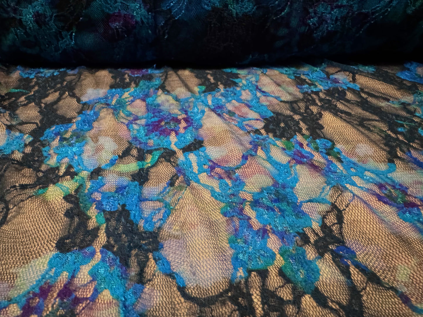 Stretch spandex mesh lace fabric, per metre - floral print - turquoise black & purple