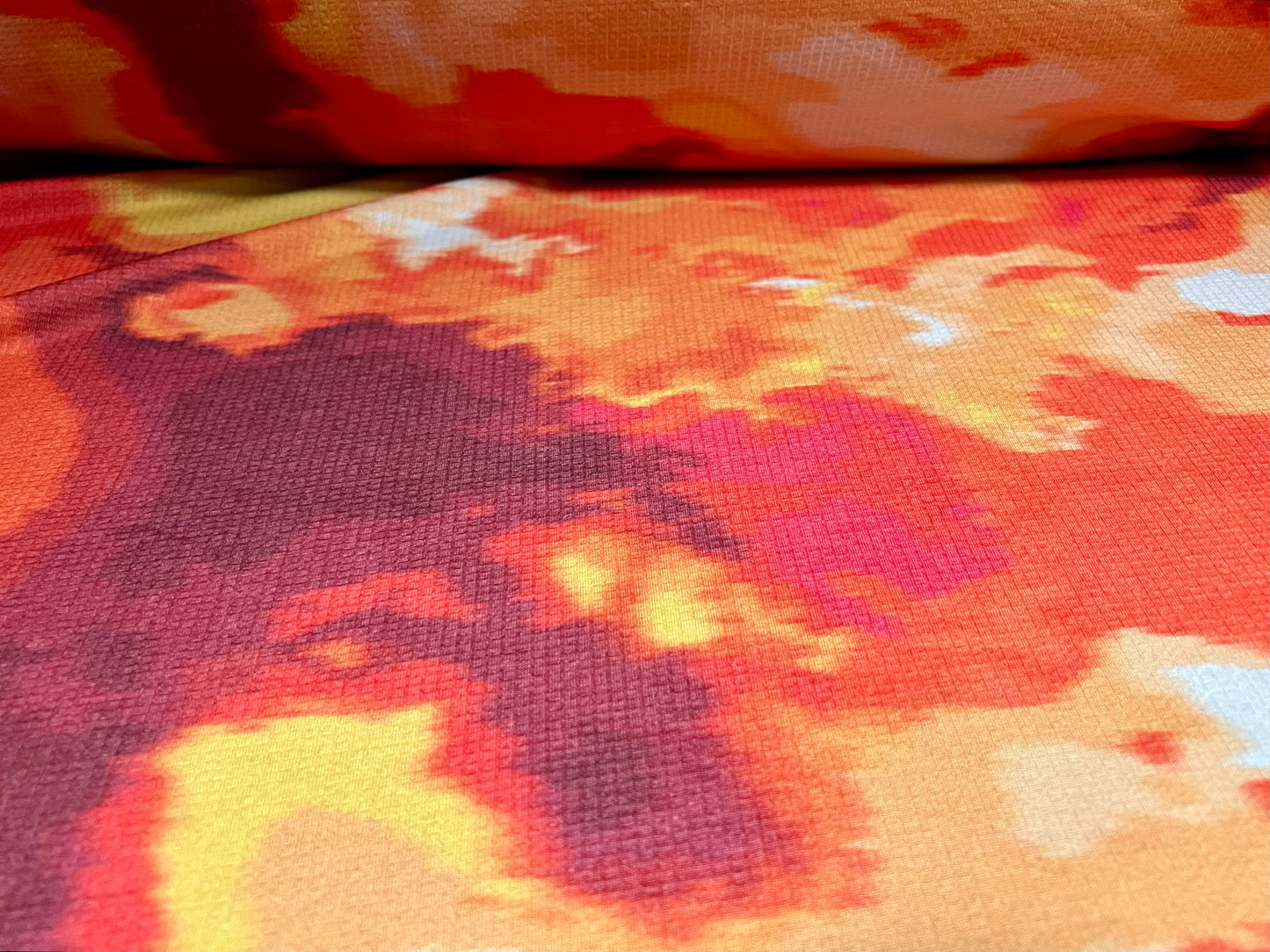 Stretch textured single jersey fabric, per metre - magma sunset print - pink purple & gold