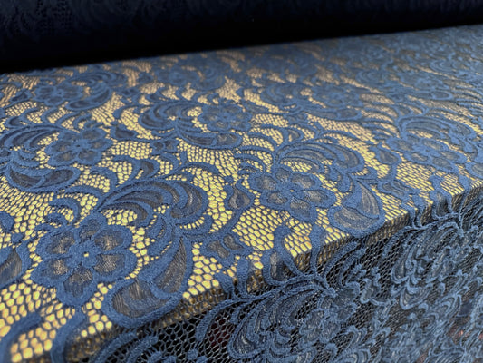 Soft stretch lace dress fabric, per metre - scalloped selvedge - flower design - French Navy Blue
