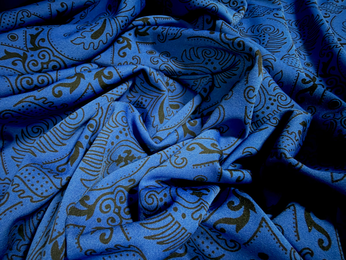 Scuba stretch double jersey fabric, per metre - paisley print - royal blue
