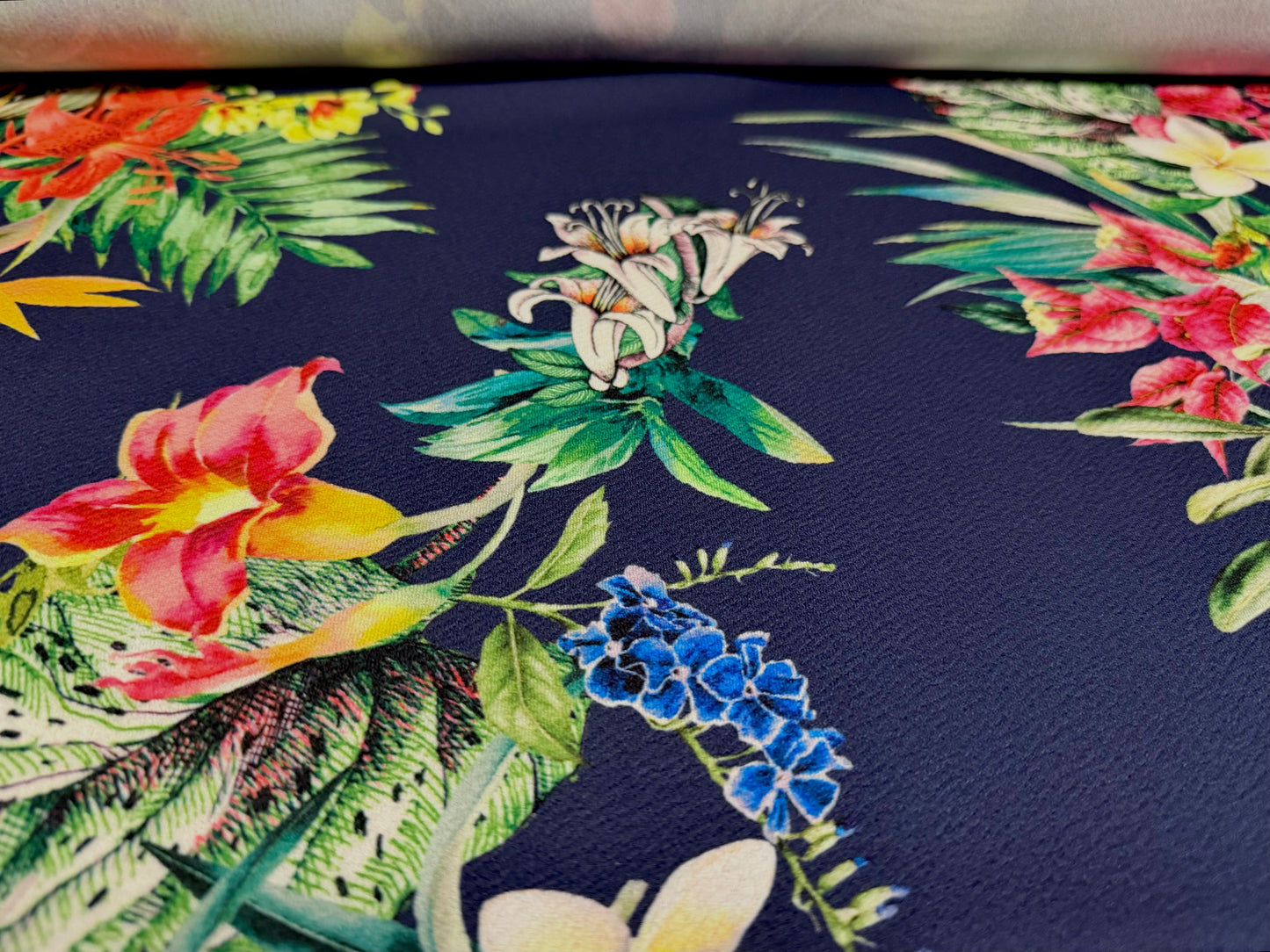 Liverpool textured scuba stretch double jersey fabric, per metre - lily bouquet print - navy blue
