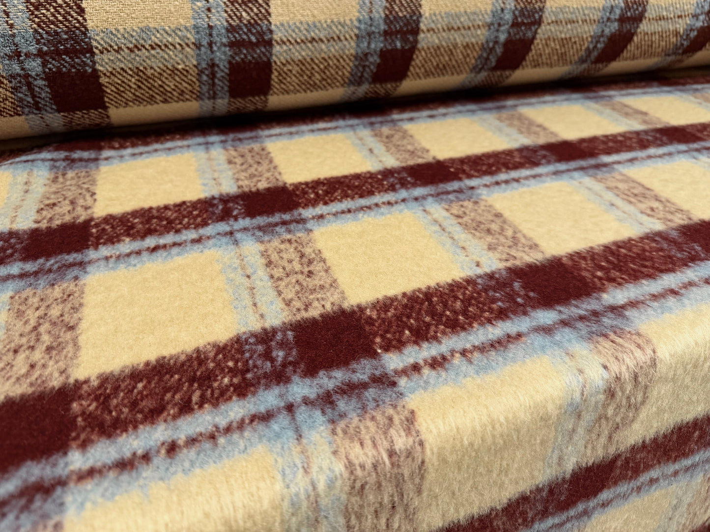 Wool faux fur fabric, per metre - check - burgundy stone & sky blue