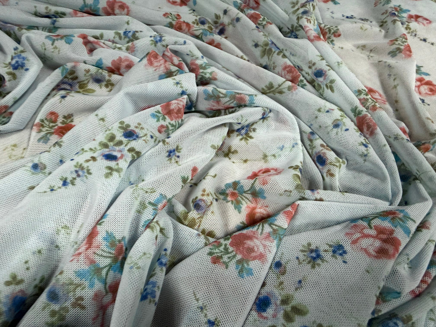 Power mesh net stretch spandex fabric, per metre - rambling rose print - sky blue