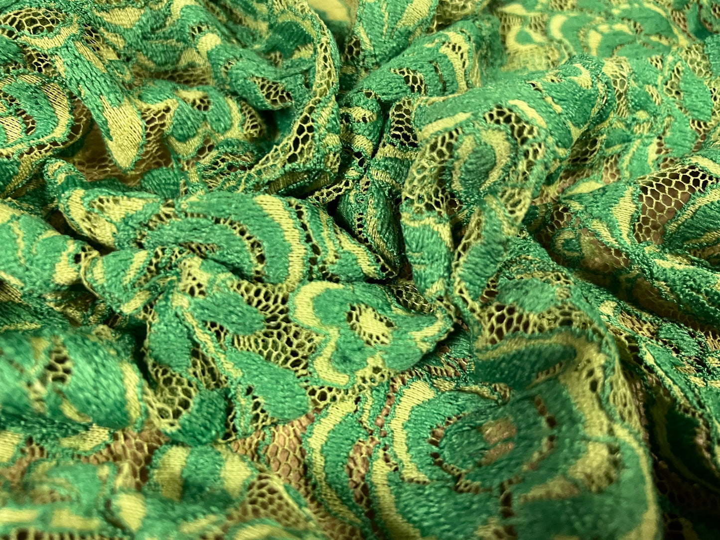 Stretch lace dress fabric, per metre - floral rose design - bicolour - emerald & lime green