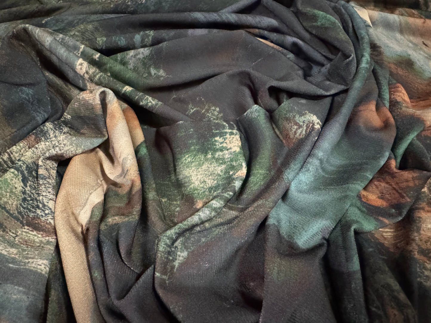 ITY stretch spandex single jersey fabric, per metre - brushstrokes print - teal cream & petrol