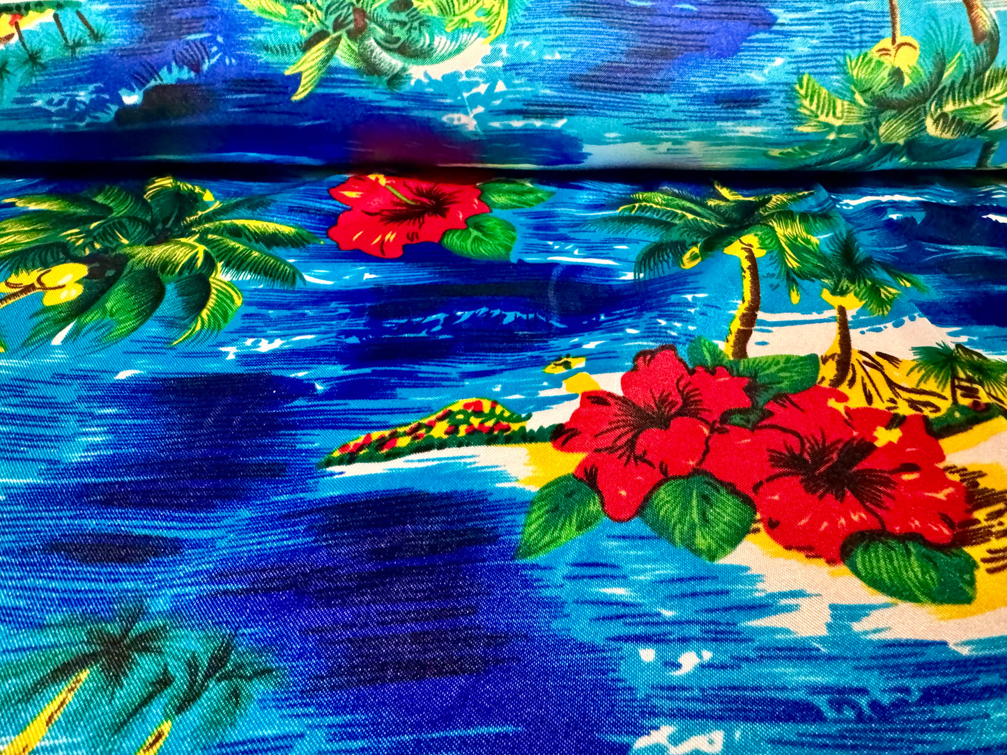 Silky satin woven fabric, per metre - Tropical Island print - multicolour