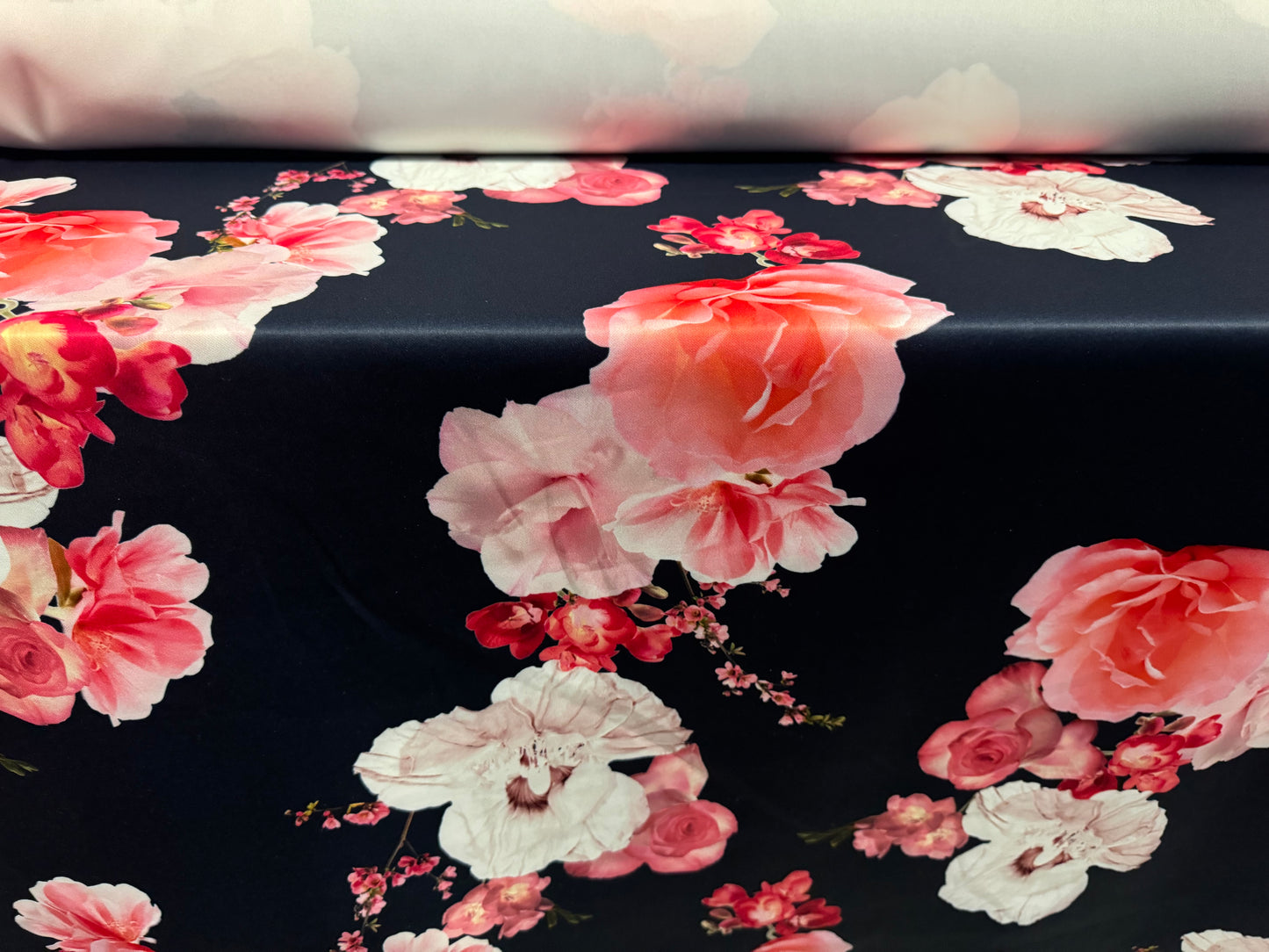 Scuba stretch spandex double jersey dress fabric, per metre - rose floral print - navy & pink