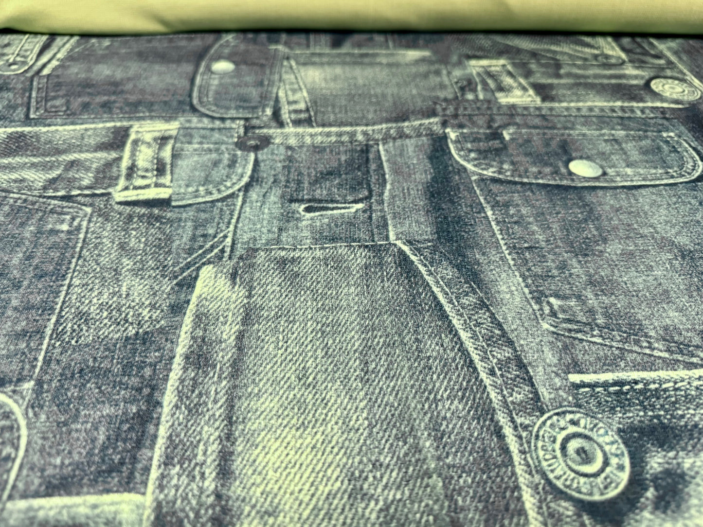 Straw cloth textured stretch double jersey fabric, per metre - denim jean pockets print - blue & lime