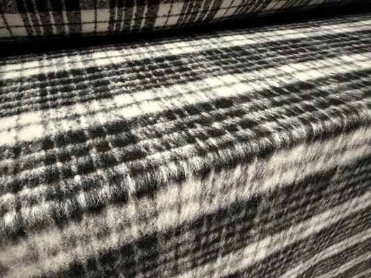 Wool faux fur fabric, per metre - tartan check - black & white