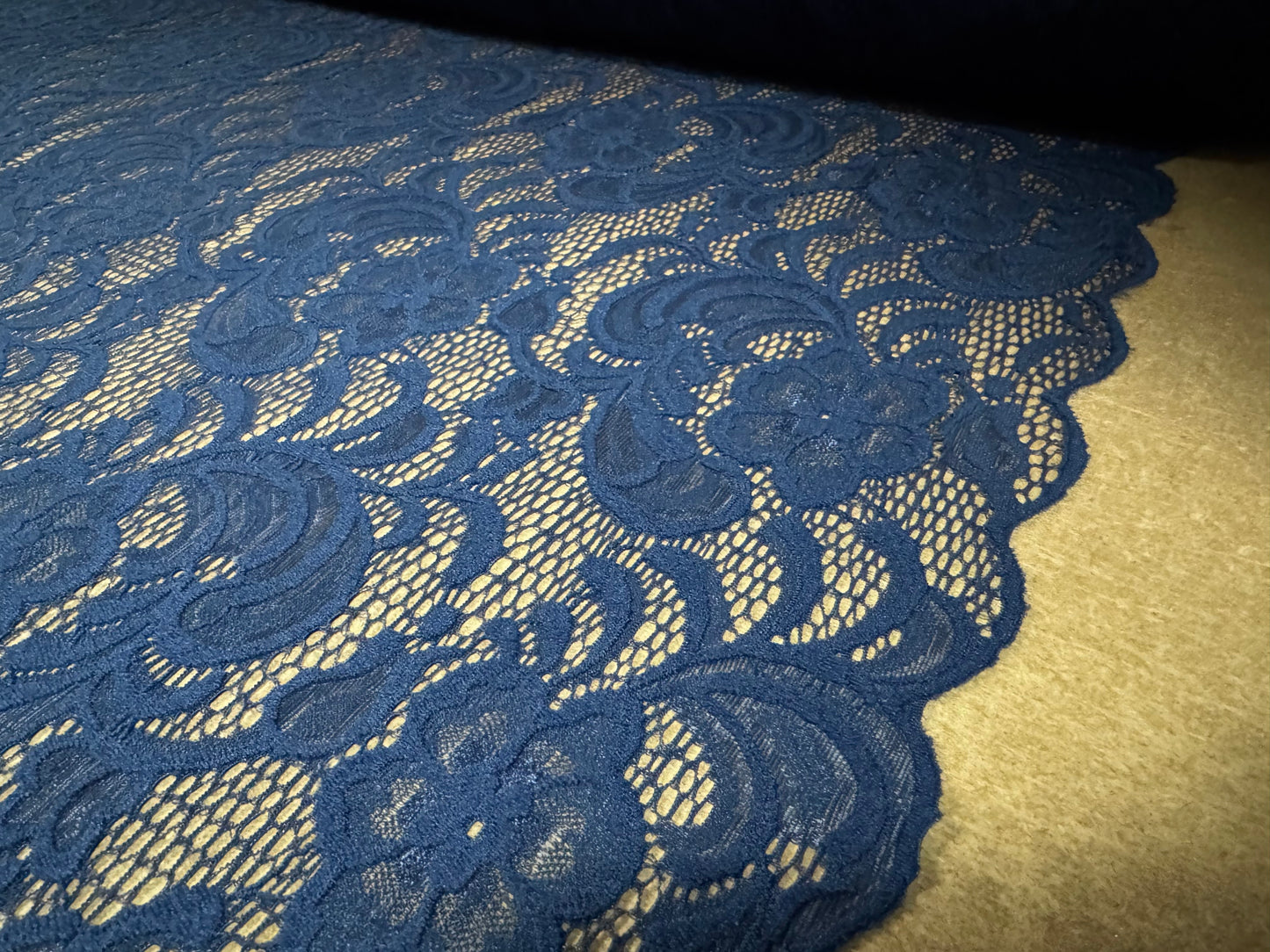 Soft stretch lace dress fabric, per metre - scalloped selvedge - flower design - French Navy Blue