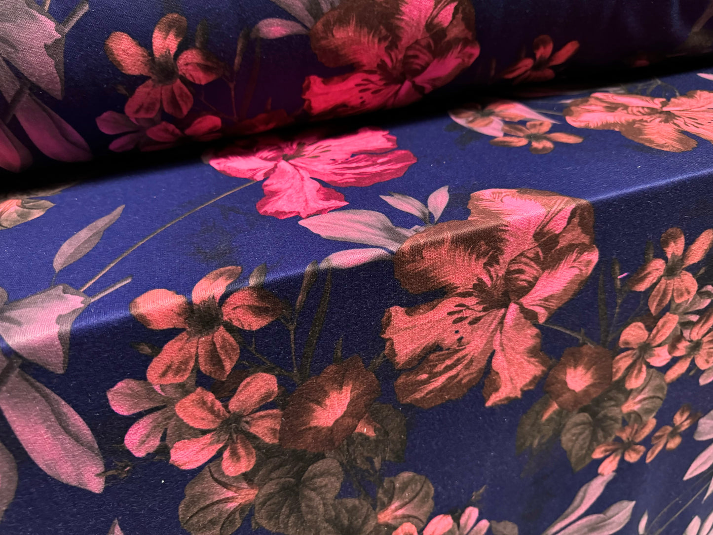 French Terry loopback sweatshirt jersey fabric, per metre - orchid floral print - navy blue & pink