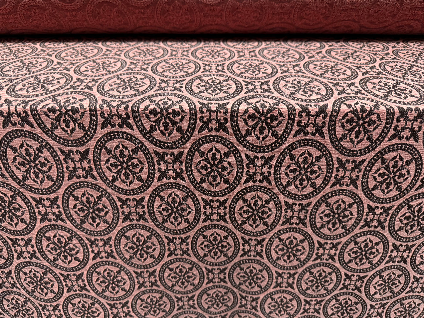 Stretch double jersey fashion fabric, per metre - quatrefoil jacquard - pink & black