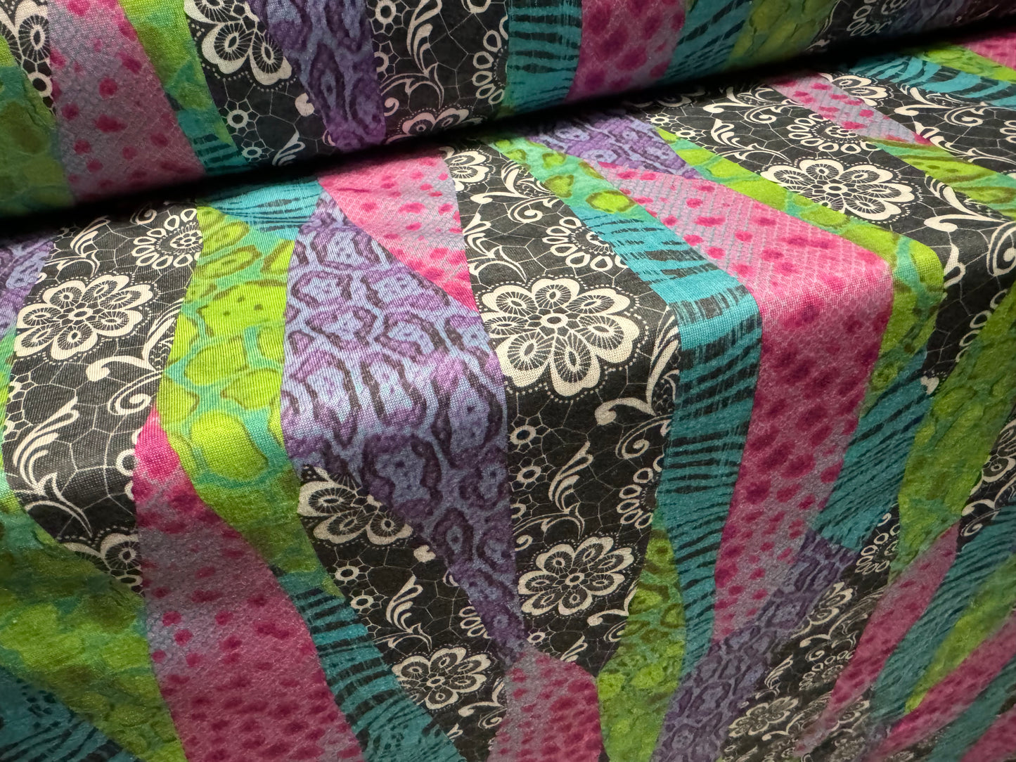 Soft handle single jersey fabric, per metre - lace & animal print fusion - pink green & blue