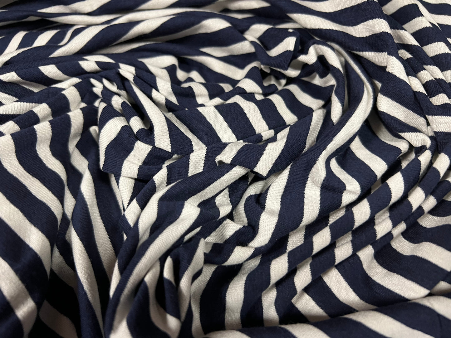 Viscose spandex stretch single jersey fabric, per metre - stripe - dark navy & ivory