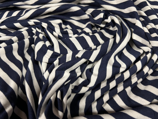 Viscose spandex stretch single jersey fabric, per metre - stripe - dark navy & ivory