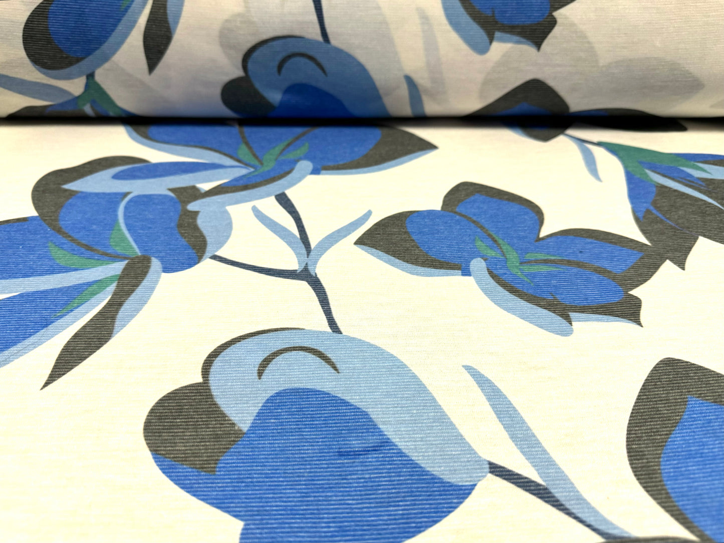 Soft handle single jersey fashion fabric, per metre - jumbo stylised flower print - white & royal blue