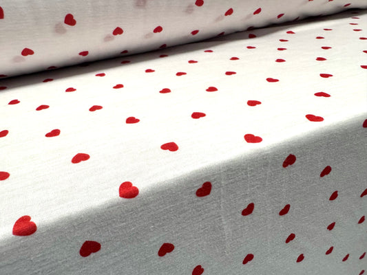 Soft handle single jersey fabric, per metre - love heart print - white & red