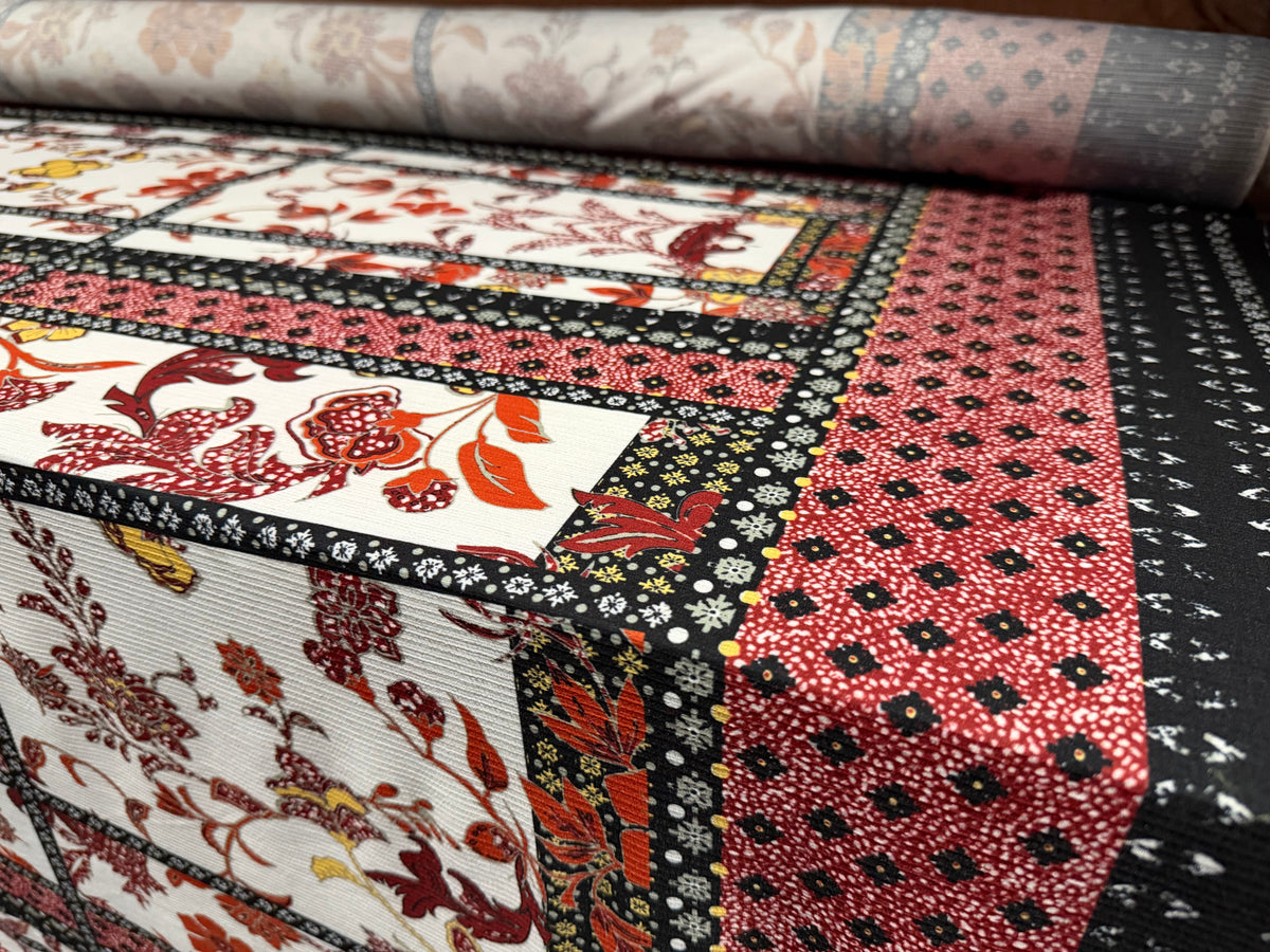 Stretch Vienna crepe dress fabric with spandex, per metre - floral double border print - wine terracotta & black