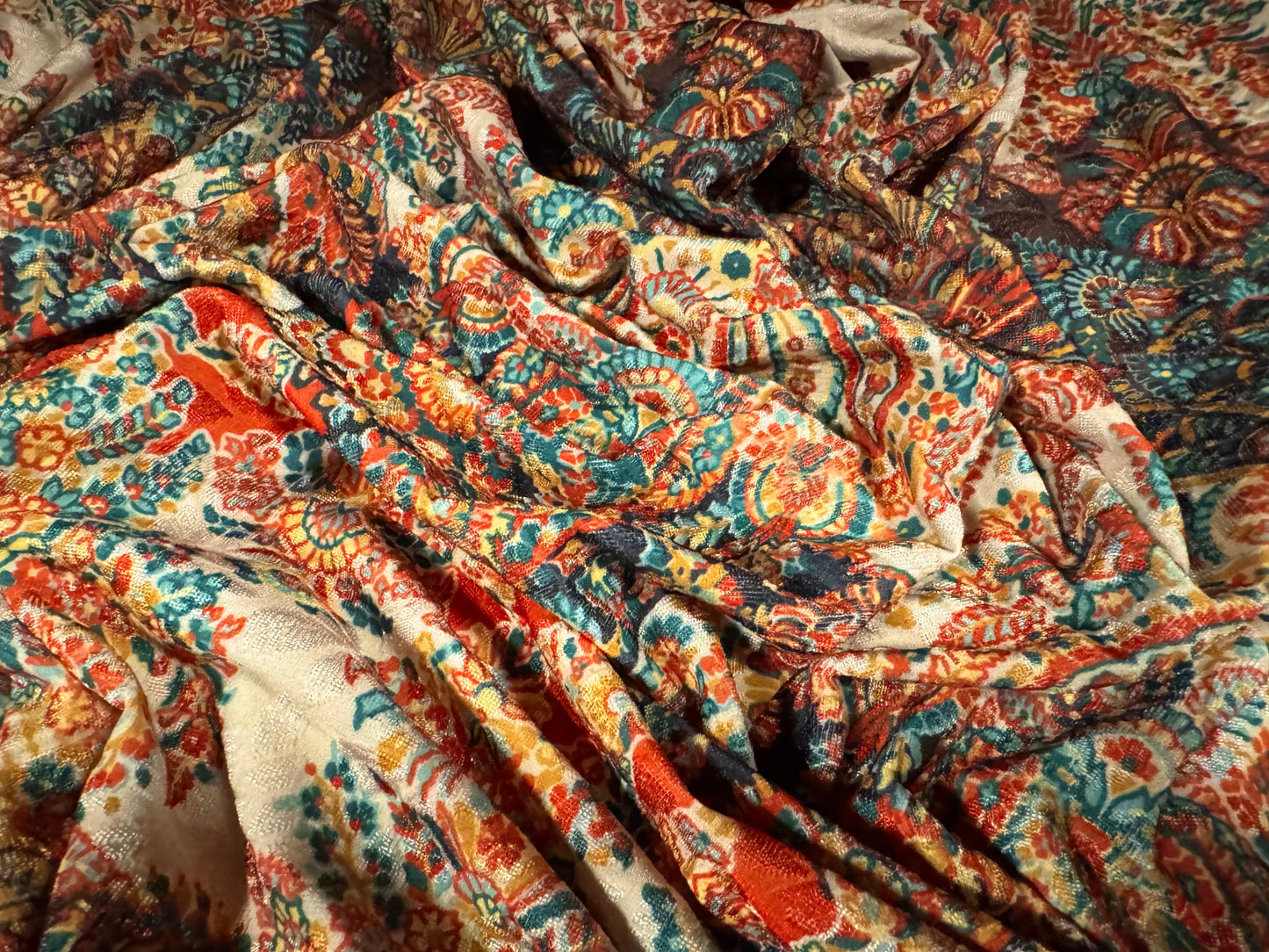 Stretch spandex jersey jacquard fabric, per metre - stylised paisley print - cream orange & turquoise