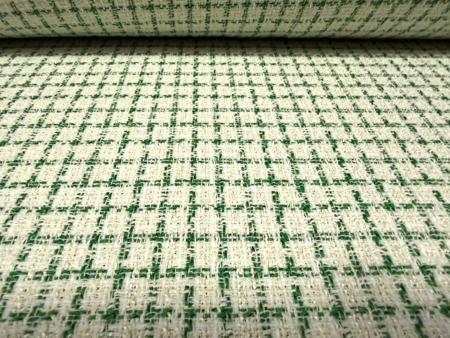 Wool bouclé fabric, per metre - grid check - green & ivory