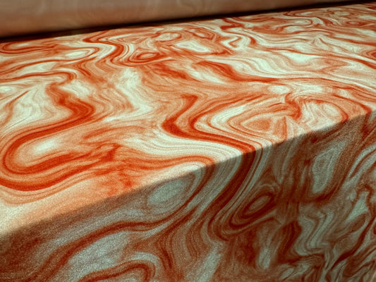 Swimwear stretch spandex jersey fabric, per metre - swirl print - burnt orange & cream