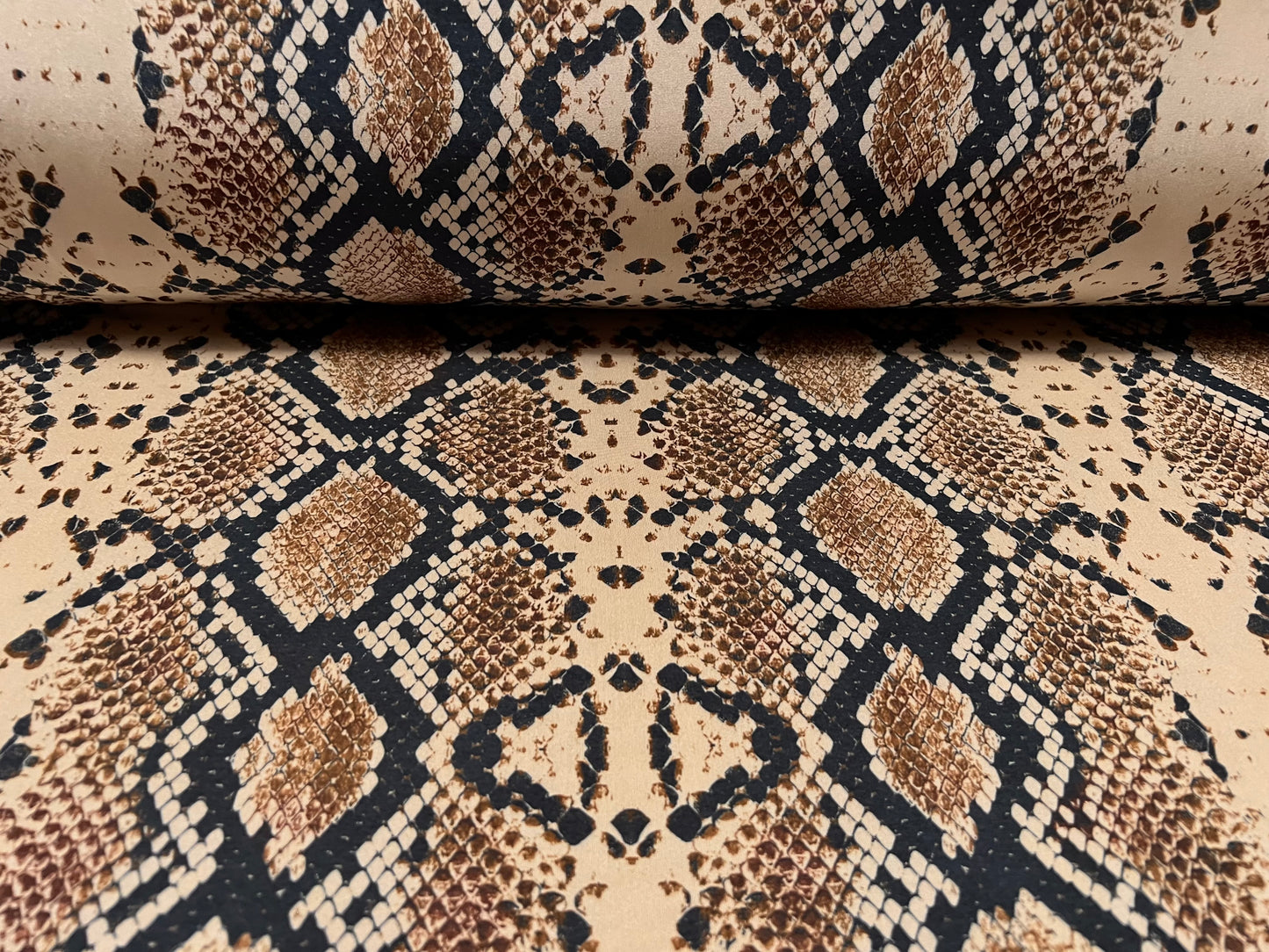 Swimwear stretch spandex jersey fabric, per metre - snakeskin animal print - brown & stone